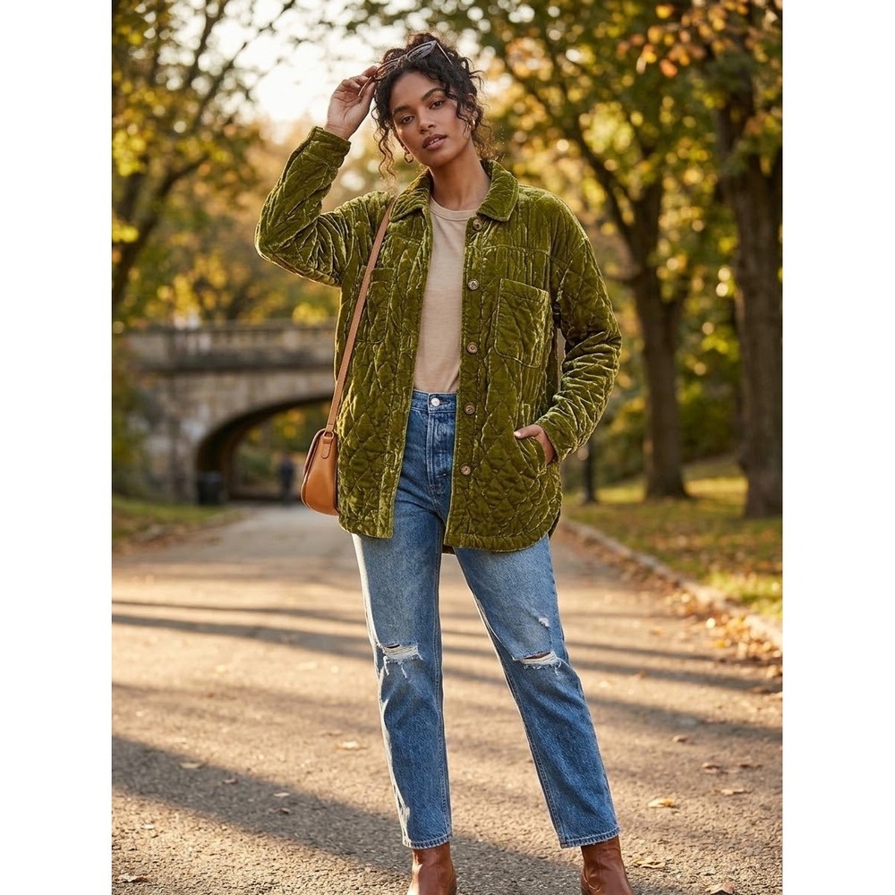 Anthropologie Quilted Velvet Shirt Jacket Chartreuse Green XS Oversized Shacket